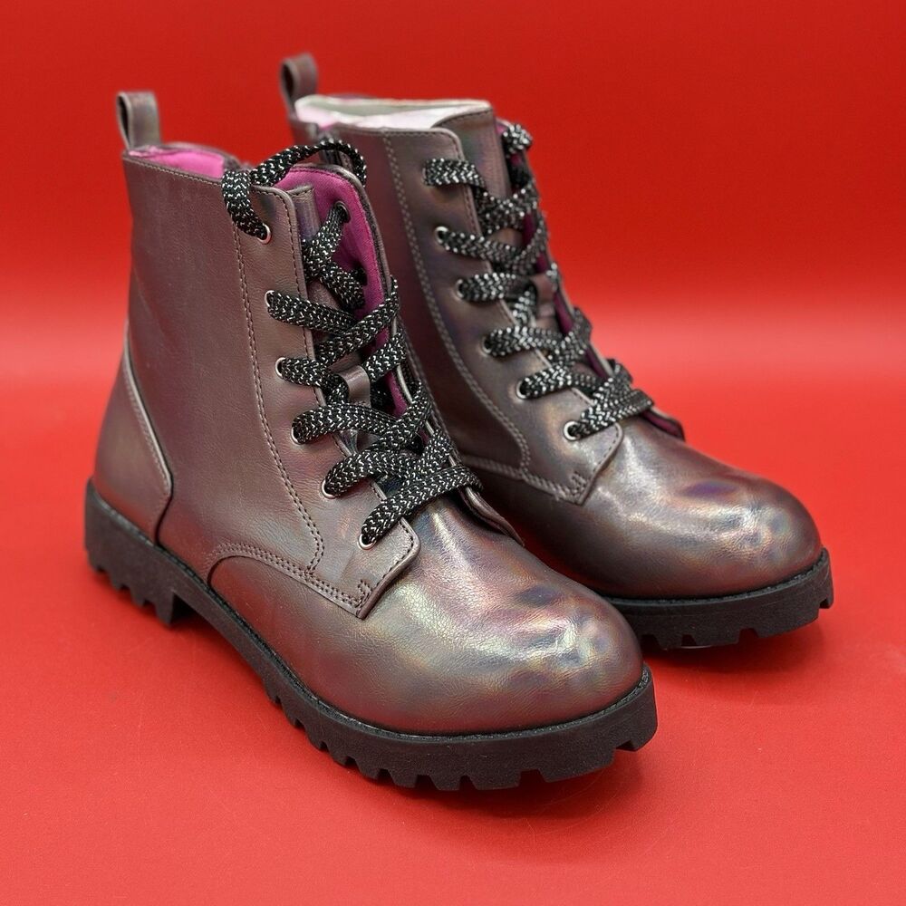 Brash Woman's Iridescent Purple Lace/Side Zipper Lug Sole Ankle Boots Size 5